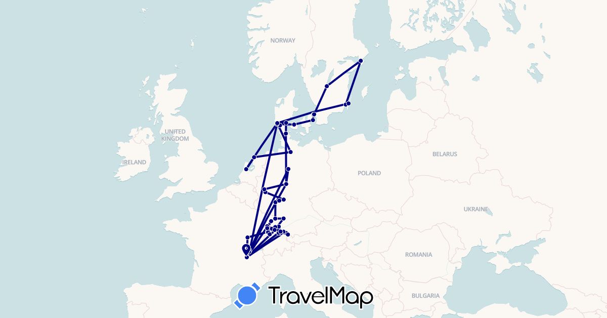 TravelMap itinerary: driving in Switzerland, Germany, Denmark, France, Netherlands, Sweden (Europe)